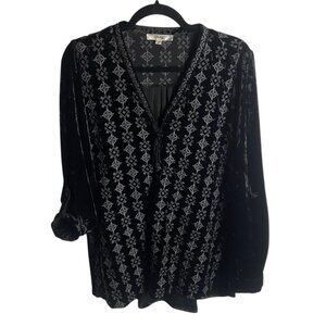 Andree by Unit Size L Black Crushed Velvet Embroidered Pop Over Blouse Top Aztec